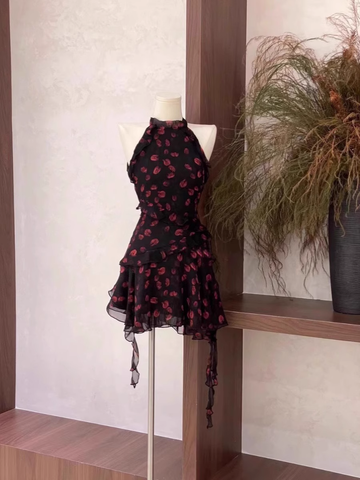 A Line Halter Ruffled Chiffon Black Flora Women's Holiday Dresses SD208